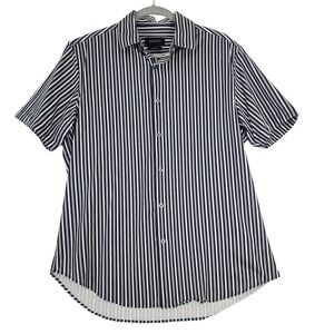 Bugatchi Button Up Men Large Blue Striped Short Sleeve Comfort Stretch Cotton